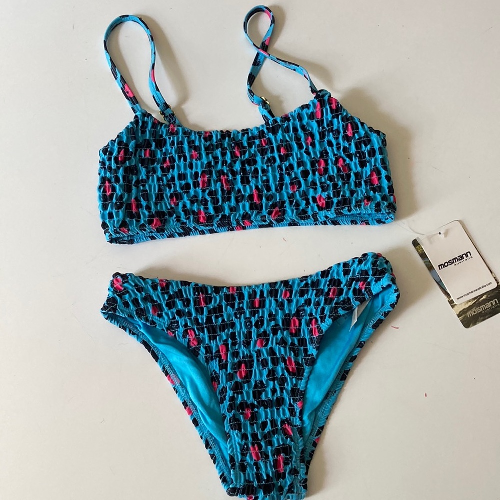 NWT Mosmann Australia Cheetah Print Blue Pink Black Bandeau Bikini Ribbed